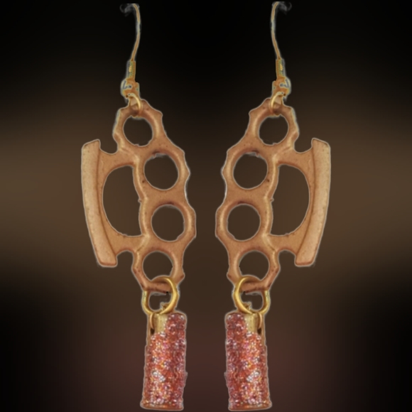 Pink glitter 22 bullet casing  brass knuckle dangle punk rock ammo earrings NWT - Picture 9 of 17